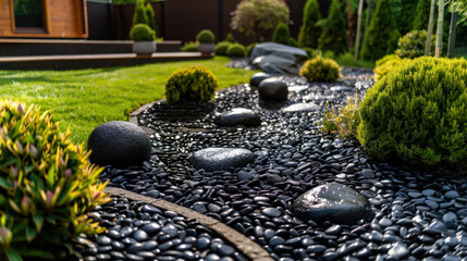 Poster - Serene garden landscape featuring smooth black pebbles, lush green shrubs, and carefully arranged stones, creating peaceful and harmonious outdoor space