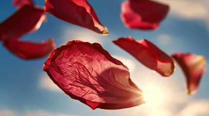 Poster - Floating petals in gentle breeze against radiant sky create serene and tranquil atmosphere, evoking feelings of peace and beauty in nature