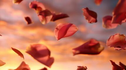 Poster - Floating petals in gentle breeze against radiant sky create serene and enchanting atmosphere, evoking feelings of tranquility and beauty