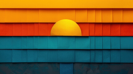 Poster - Bright and colorful paper layers create vibrant sunset scene with smooth circular sun. warm hues of orange, yellow, and red blend beautifully with cool blue tones, evoking sense of creativity
