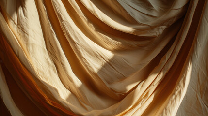 Poster - Soft curls of linen fabric create beautiful texture, illuminated by warm sunlight. gentle folds and shadows evoke sense of calm and elegance in atmosphere