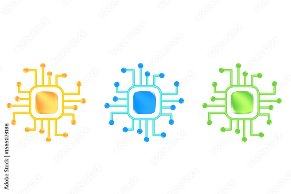 Green, yellow, blue 3D glass chip icon set, isolated, transparent ...