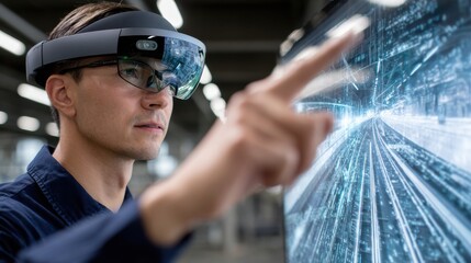 Aufkleber - A man wearing a virtual reality headset is pointing at a screen