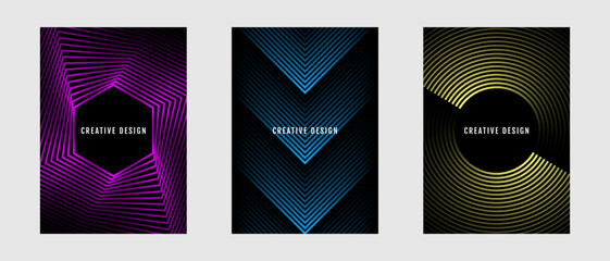 Poster - Minimal abstract covers set. Colorful geometric background bundle with lines styles decoration on dark space. Modern graphic design element stripes concept for web banner, flyer, card, or brochure
