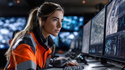 A woman in an orange jacket is looking at a computer monitor