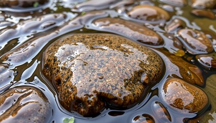 Poster - An eye-level shot of several dark brown stones submerged in water, appearing shiny and wet. The stones are of various sizes and shapes.