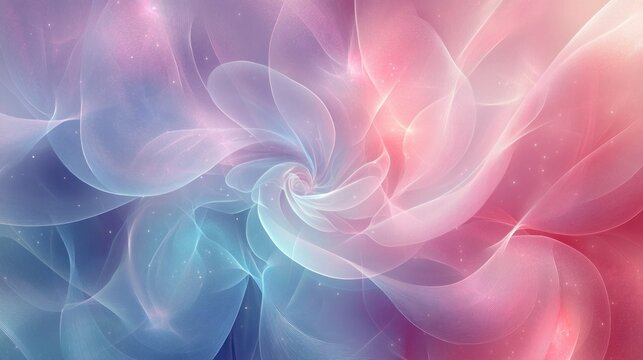 A dreamy abstract background with soft swirls of pastel gradients in shades of pink, lavender, and blue, illuminated by subtle glowing accents