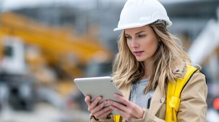 Poster - A woman wearing a yellow vest and a white helmet is looking at a tablet