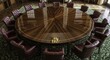 © Meow Creations - Large circular polished dark wood meeting table with leather armchairs in formal boardroom
