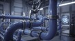 © Meow Creations - Robotic arm maintaining intricate blue pipes in a futuristic industrial facility