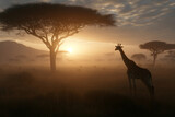 Giraffe silhouettes against a savanna sunrise with acacia trees