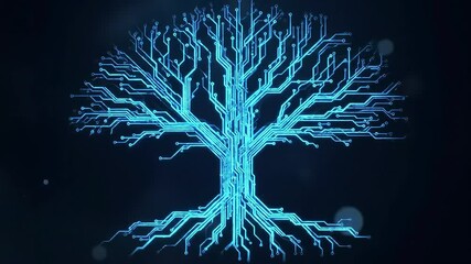 Poster - Abstract animation of a circuit board tree with glowing blue lines and a dark background
