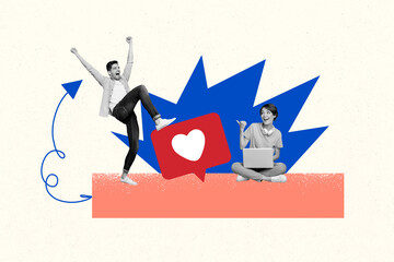 Aufkleber - Creative 3D photo collage trend of young man excited smile young lady sit hold laptop thumb like app social notification follow network