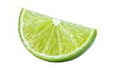 Isolated lime wedge with green rind and juicy pulp on a white background in a close up shot