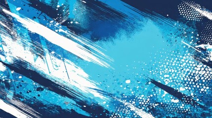 Poster - Vibrant blue and white brushstrokes forming dynamic abstract artwork, paint splatters and layered textures generating visual complexity and artistic depth