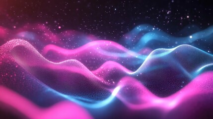 Fototapete - Flowing pink and blue waves with glowing digital pulse