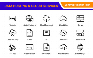 Fototapete - Data hosting and cloud services icons. Linear style icon bundle.Outline icon collection.