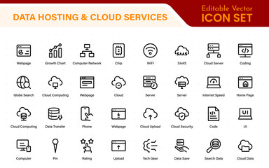 Fototapete - Data hosting and cloud services icons. Linear style icon bundle.Outline icon collection.