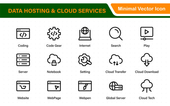 Data hosting and cloud services icons. Linear style icon bundle.Outline icon collection.