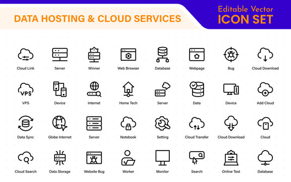 Data hosting and cloud services icons. Linear style icon bundle.Outline icon collection.