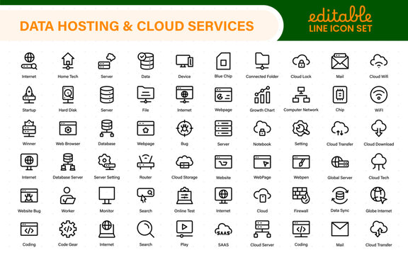 Data hosting and cloud services icons. Linear style icon bundle.Outline icon collection.