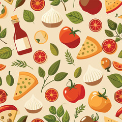Poster - Playful Food Themed Seamless Pattern Featuring Vector Illustrations of Various Foods Ideal for Culinary Related Designs Kitchen Decor Restaurant Menus and Food Packaging Projects Print