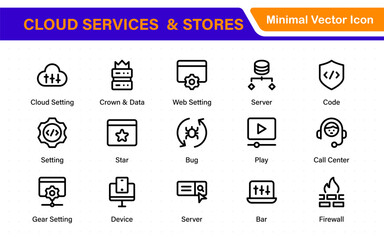 Fototapete - Cloud services and web hosting icons Set. Linear style icon bundle.Outline icon collection.
