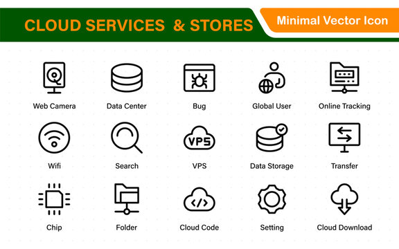 Cloud services and web hosting icons Set. Linear style icon bundle.Outline icon collection.