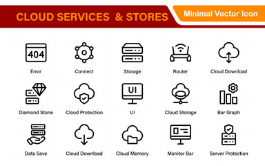 Fototapete - Cloud services and web hosting icons Set. Linear style icon bundle.Outline icon collection.