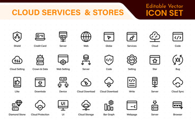 Fototapete - Cloud services and web hosting icons Set. Linear style icon bundle.Outline icon collection.