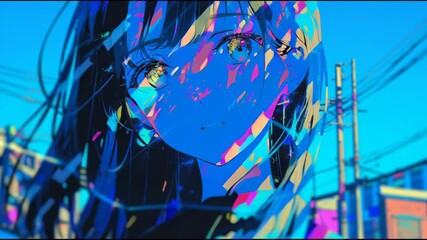 Poster - Vibrant digital art of a young woman, abstract blue hues, urban setting, evokes emotion and modern aesthetics.