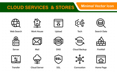 Fototapete - Cloud services and web hosting icons Set. Linear style icon bundle.Outline icon collection.