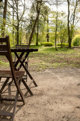 Poster - Wooden table and chairs are set up in a serene park surrounded by trees, offering a peaceful spot to relax and enjoy nature on a sunny day.