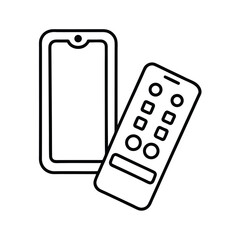 Poster - Black and white simple outline illustration of a smartphone and television remote control