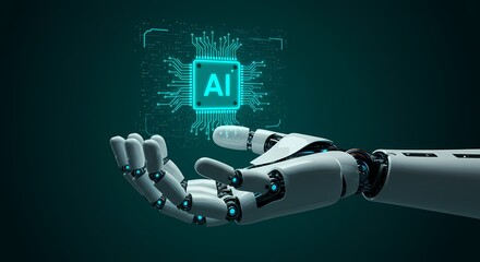 Aufkleber - Robotic hand holding a glowing ai chip against a dark teal background technology concept render