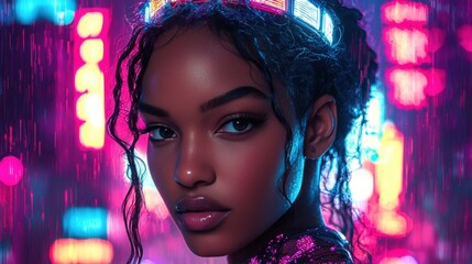 Fototapete - regal woman striking features embodies strength in stunning holographic gown, illuminated neon cityscape and pulsating crown of light