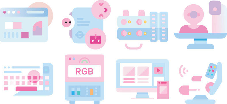 Various pastelcolored icons represent computer technology and online communication isolated on transparent background.