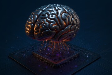 Poster - A metallic brain connected to a microchip on a dark background with glowing connections and particles