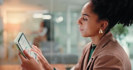 Poster - Business, scroll and woman in office, tablet and check investment returns with digital app. Person, employee and financial advisor in workplace, tech or internet with stock market and company audit