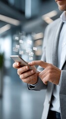 Poster - Hands engage with a smartphone displaying CRM software and digital security features in a light grey-blue office backdrop