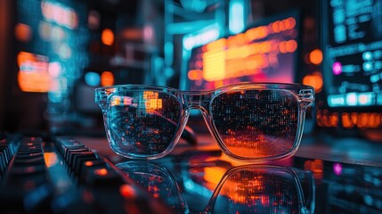 Poster - Futuristic Glasses Reflecting Digital Data in High-Tech Environment