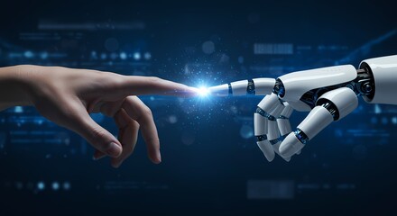 Poster - Human and robot hands touching with a bright light between them on a blue background with technology