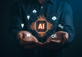 Aufkleber - Person holding ai chip with connected icons representing technology and innovation concept shown