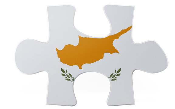 Conceptual illustration presenting Cyprus as a puzzle piece with its geographical shape in amber and stylized olive branches, isolated on a clean, black background, creating