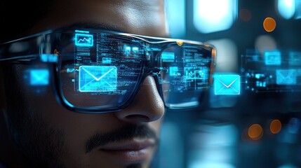 Fototapete - Man with High-Tech Glasses Analyzing Digital Data and Communication