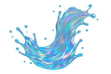 Poster - Holographic liquid splashing, creating droplets and forming a dynamic curved shape against a transparent background
