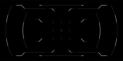 Poster - Futuristic HUD overlay with circular tech UI for drone, VR or cyberpunk game interface. Sleek sci fi frame with digital elements, radar, glitch effects and tactical data on clean black background.