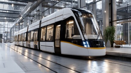 Poster - A sleek white and yellow train travels through a vibrant city with futuristic architecture, highlighted by striking blue neon accents