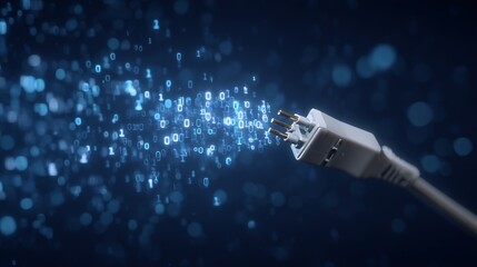 A charging cable for an electric vehicle is plugged into a charging station, set against a backdrop of binary code