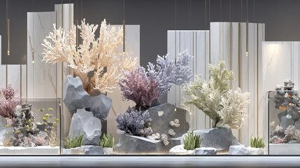 Poster - A minimalist white room is transformed into a living art installation by a futuristic floating aquarium filled with vibrant bioluminescent fish and otherworldly aquatic plants